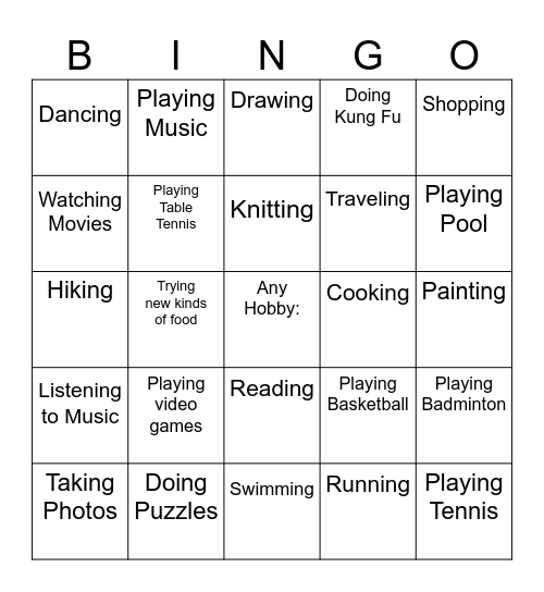 Hobbies Bingo Card