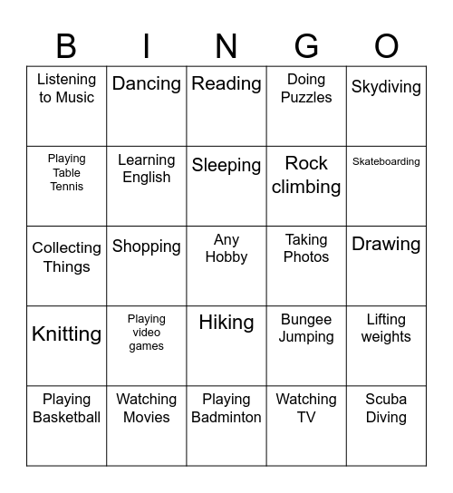 Hobbies Bingo Card