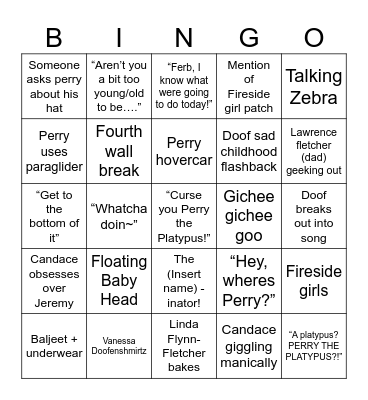 Phineas and Ferb episode bingo Card