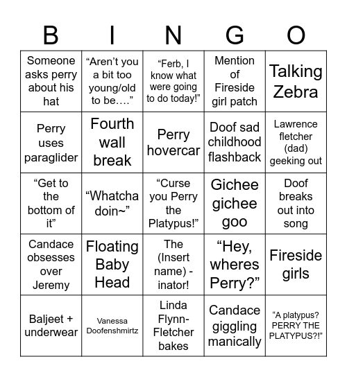 Phineas and Ferb episode bingo Card