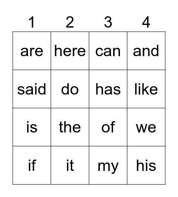 I Know These Words Bingo Card