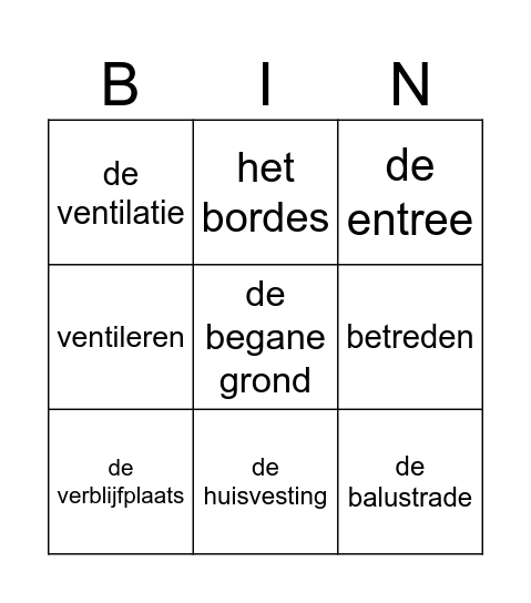 Taal: Wonen Bingo Card