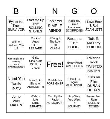80's BANDS Bingo Card