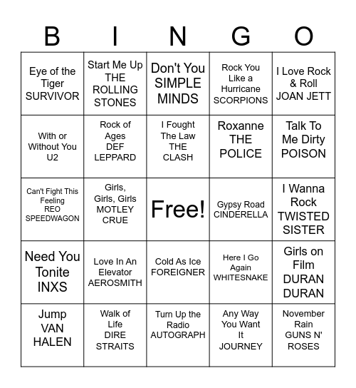 80's BANDS Bingo Card