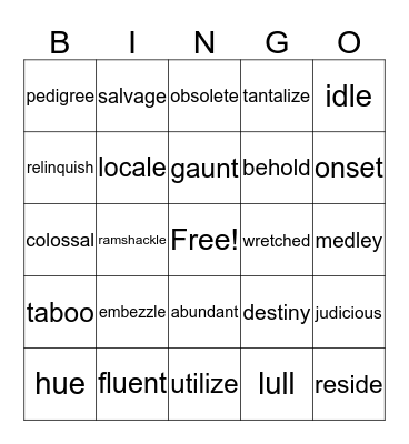 Vocabulary Bingo Card