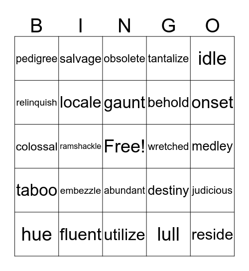 Vocabulary Bingo Card