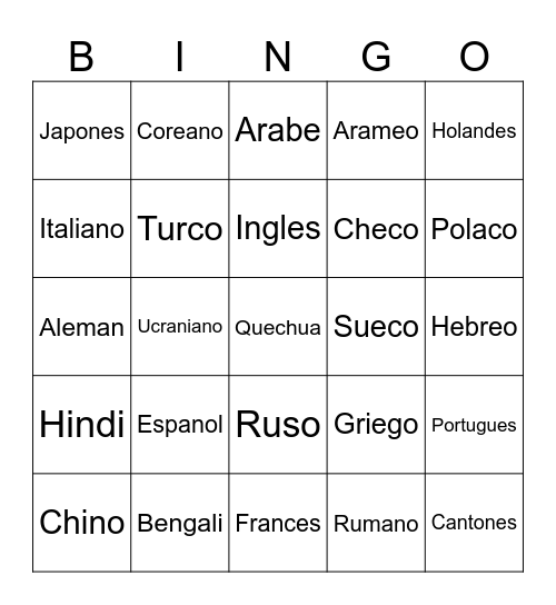 Idiomas del Mundo Bingo Card