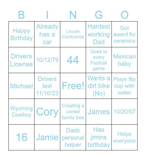 Cory & Jamie Bingo Card