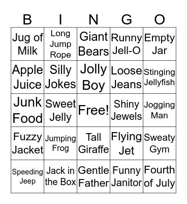 J BINGO!  Bingo Card