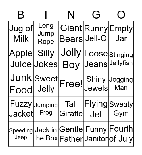 J BINGO!  Bingo Card