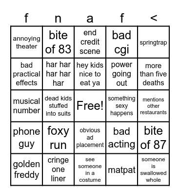 fnaf date Bingo Card