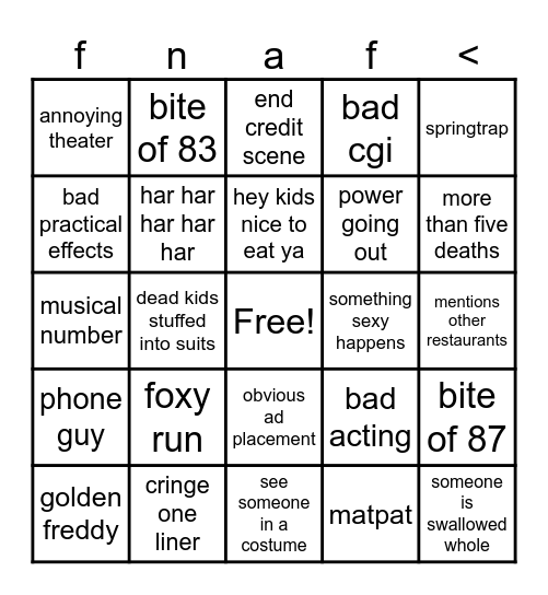 fnaf date Bingo Card