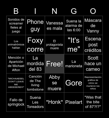 FNAF Movie Bingo Card