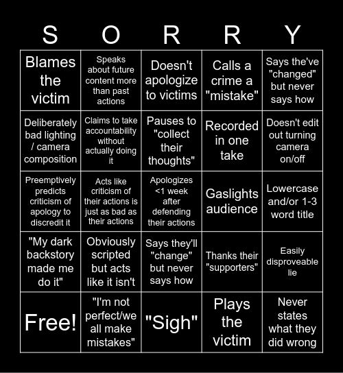 Apology Video Bingo! Bingo Card