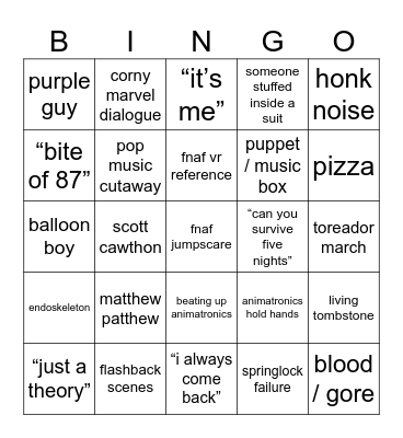 fnaf movie bingo !!!!1!! Bingo Card