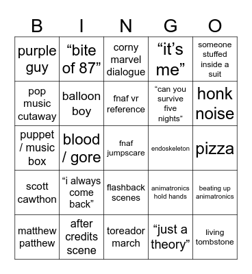 fnaf movie bingo !!!!1!! Bingo Card