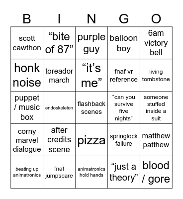 fnaf movie bingo !!!!1!! Bingo Card