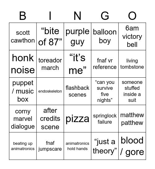 fnaf movie bingo !!!!1!! Bingo Card