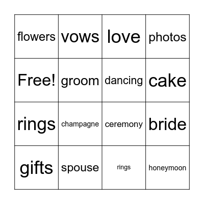 Wedding Celebration Bingo Card