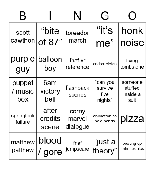 fnaf movie bingo !!!!1!! Bingo Card