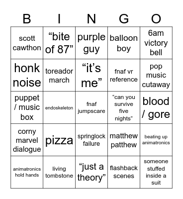 fnaf movie bingo !!!!1!! Bingo Card