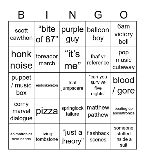 fnaf movie bingo !!!!1!! Bingo Card
