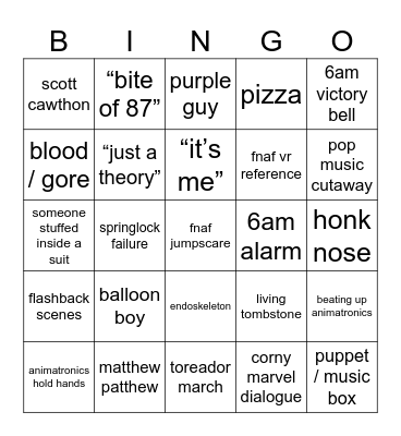fnaf movie bingo !!!!1!! Bingo Card