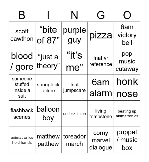 fnaf movie bingo !!!!1!! Bingo Card