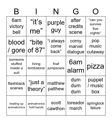 fnaf movie bingo !!!!1!! Bingo Card