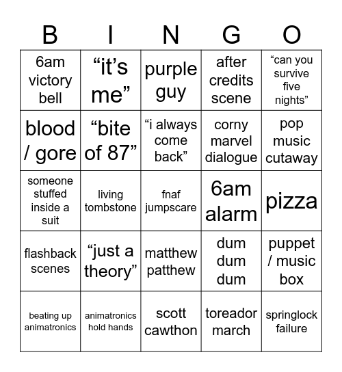 fnaf movie bingo !!!!1!! Bingo Card