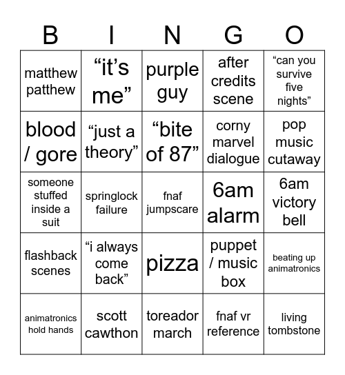 fnaf movie bingo !!!!1!! Bingo Card