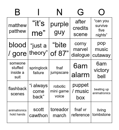 fnaf movie bingo !!!!1!! Bingo Card