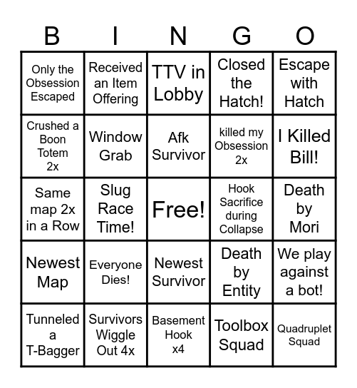 Dead by Daylight - Killer Games Bingo Card