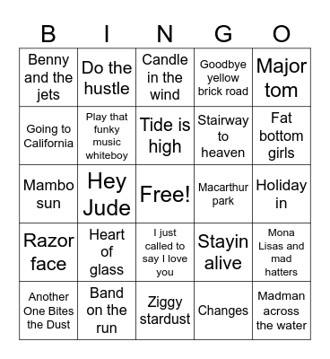 Musical 70's Bingo Card