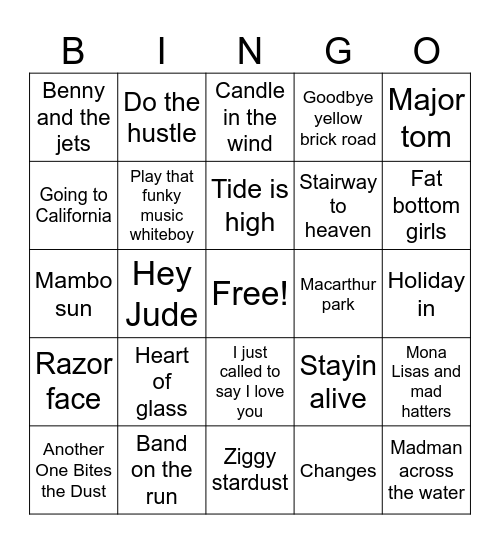 Musical 70's Bingo Card