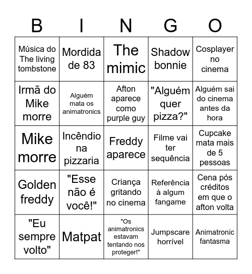 Filme FNaF Bingo Card