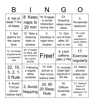 Sleep Health Bingo Card