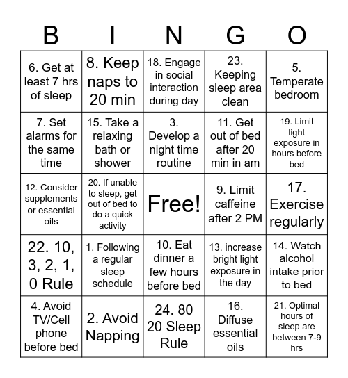Sleep Health Bingo Card
