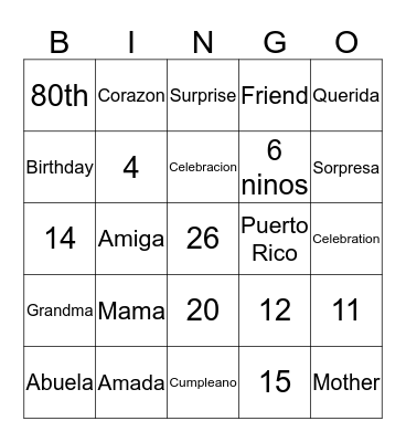 Rosa's 80th Surprise Birthday Celebration Bingo Card