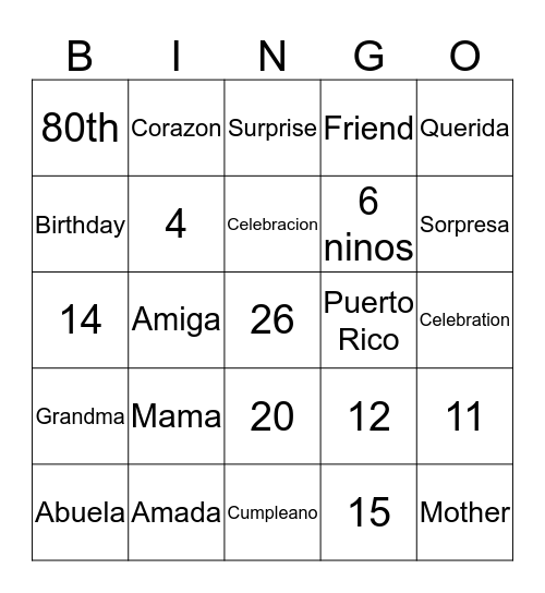 Rosa's 80th Surprise Birthday Celebration Bingo Card