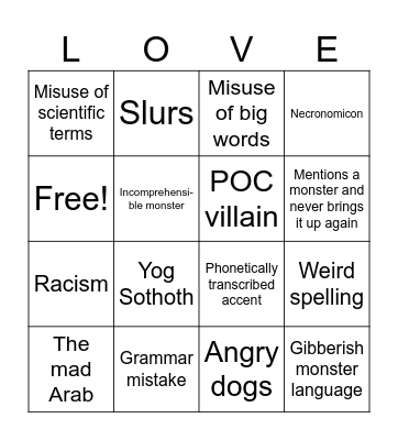 H.P. Lovecraft Bingo Card
