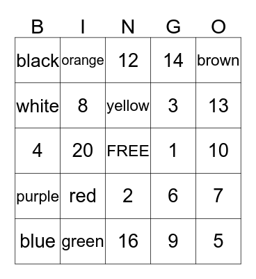 Numbers and Colors Bingo Card