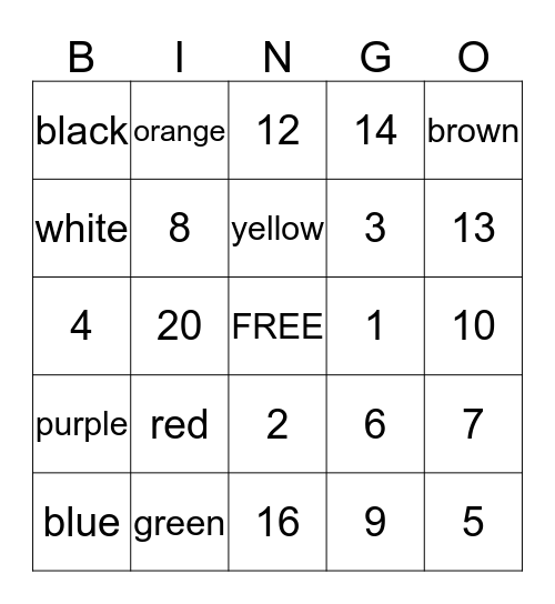 Numbers and Colors Bingo Card