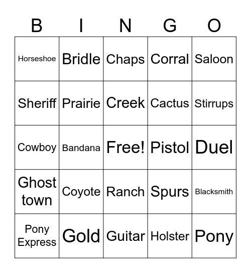 Western Party Bingo Card