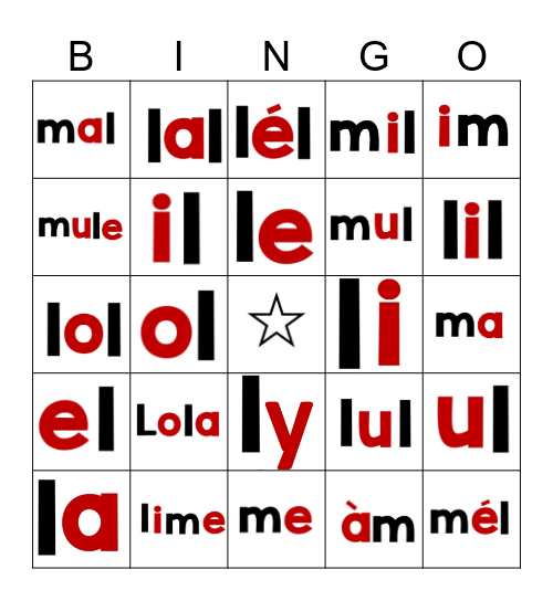 les voyelles et les consonnes: l + m Bingo Card