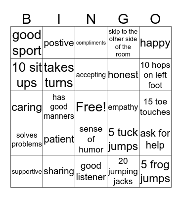 Friendship Bingo Card