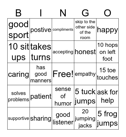 Friendship Bingo Card