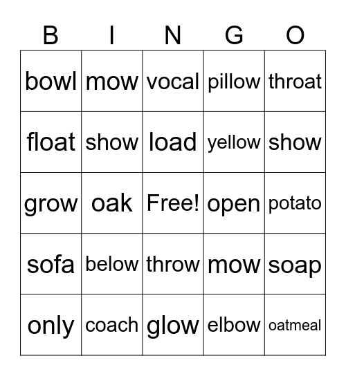 Long O words Bingo Card