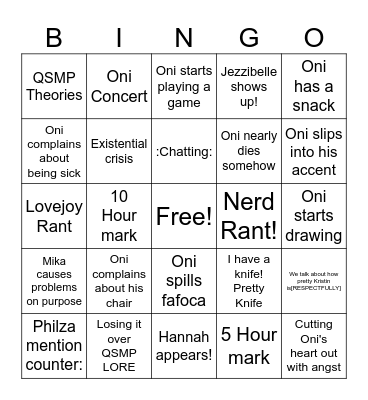 Oni Bingo Time Bingo Card