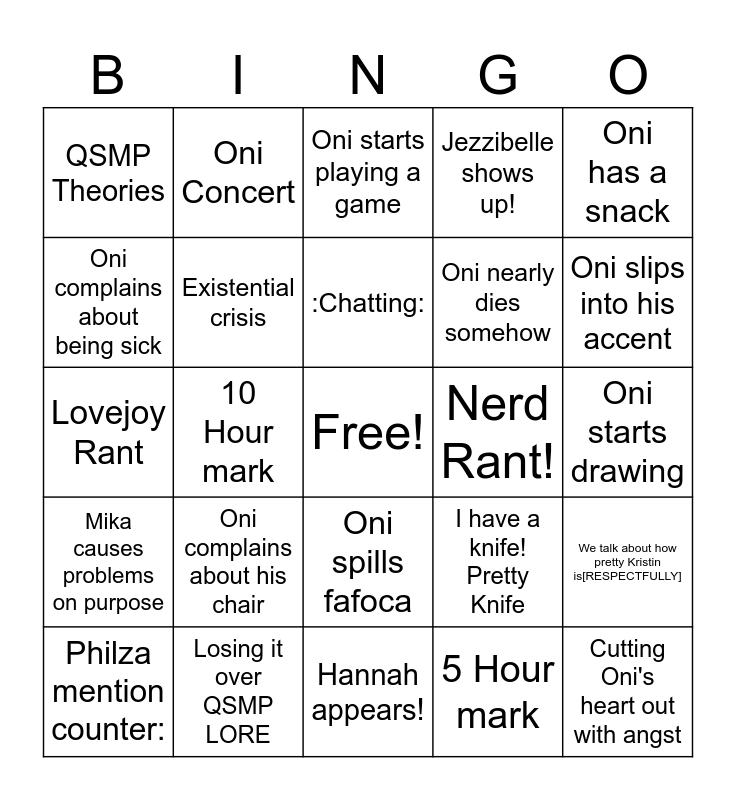 QSMP PHILZA STREAM Bingo Card